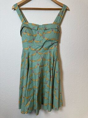 Mint Green Retro Dress with Dachshund and Heart Print
